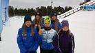 Iloiset ja vauhdikkaat hiihtäjätyttömme vasemmalta Vilma, Mari, Anni, Essi ja Aino-Maria